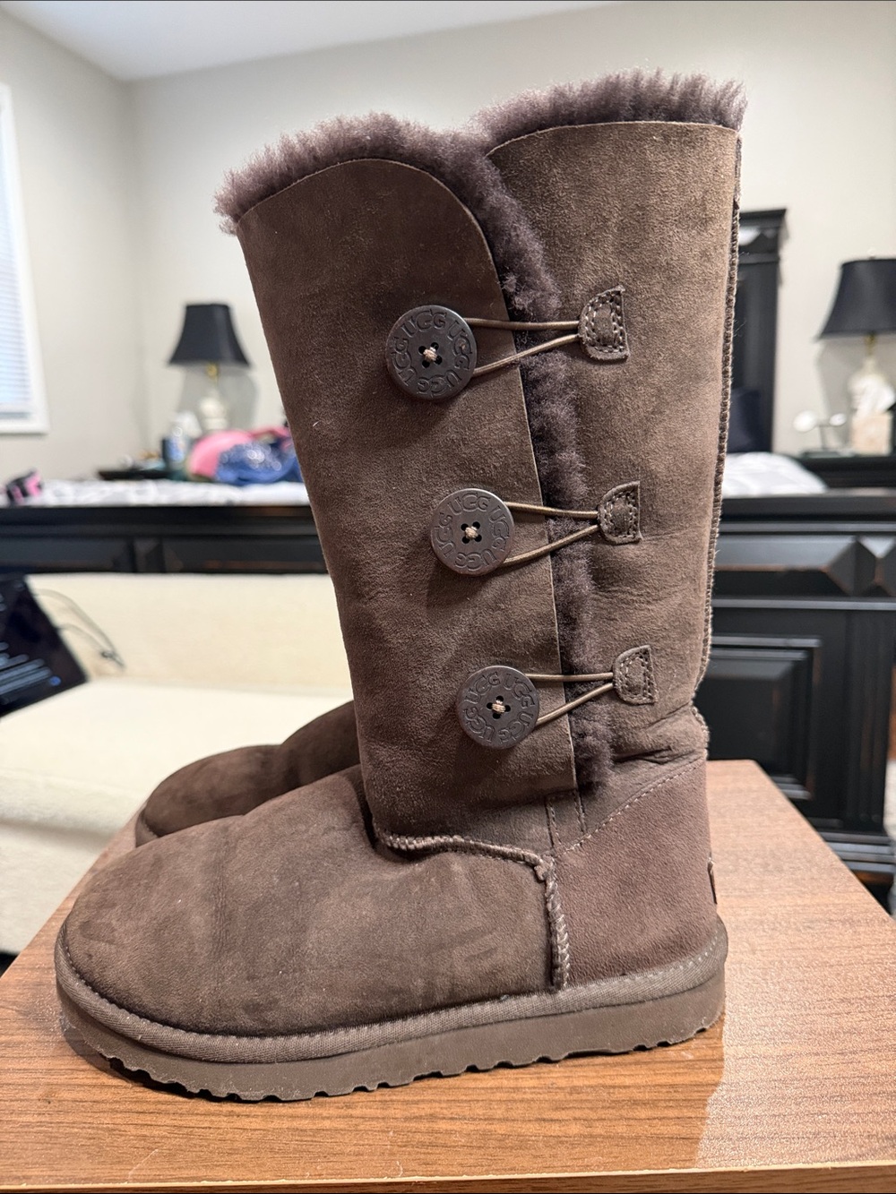UGG Tall Triple Button Suede Boots in Brown - Picture 4 of 10
